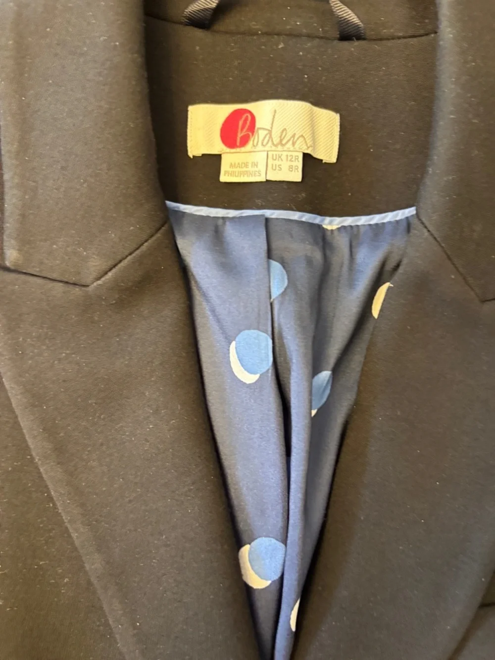 Boden Black Tailored Women's Blazer with Polka Dot Lining size 12 NWOT